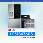 LG LF31S6360S refrigerator with air filter packaging and model number on a light blue background