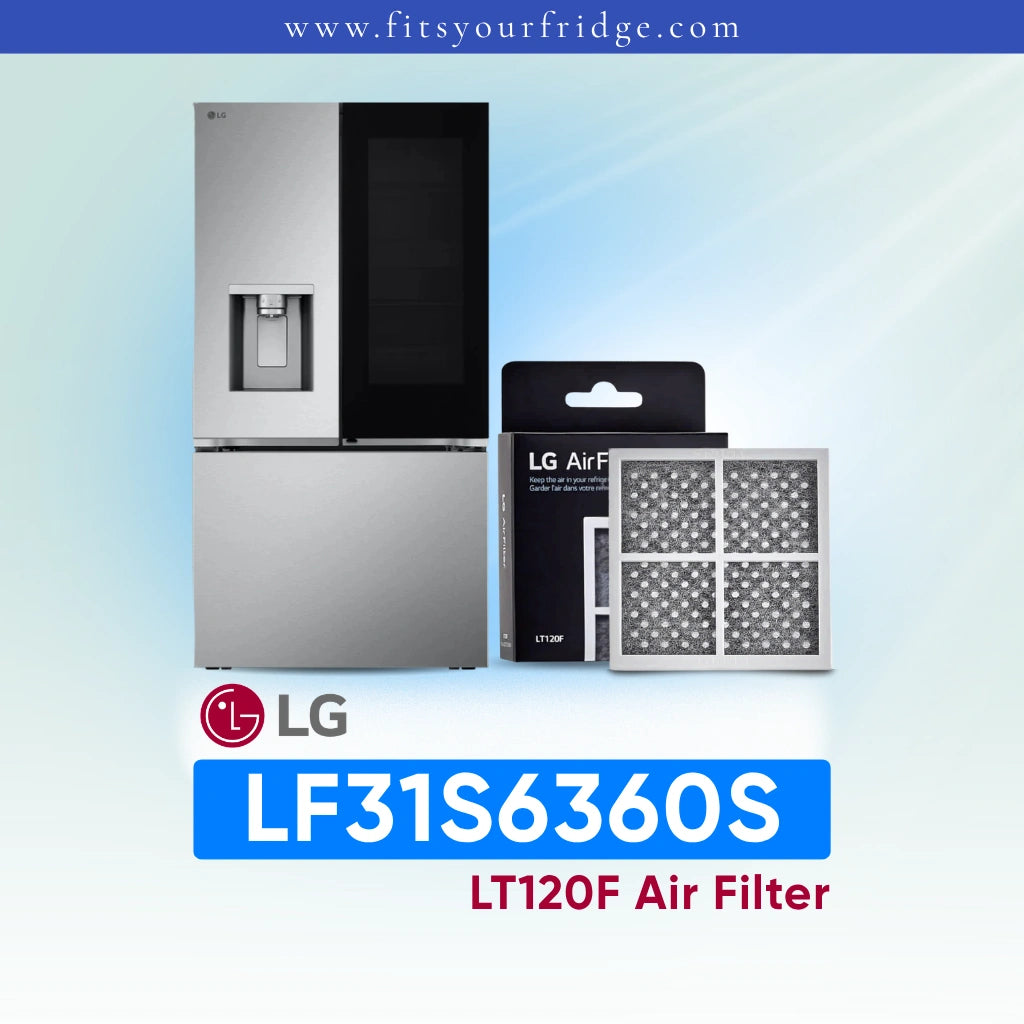 LG LF31S6360S refrigerator with air filter packaging and model number on a light blue background