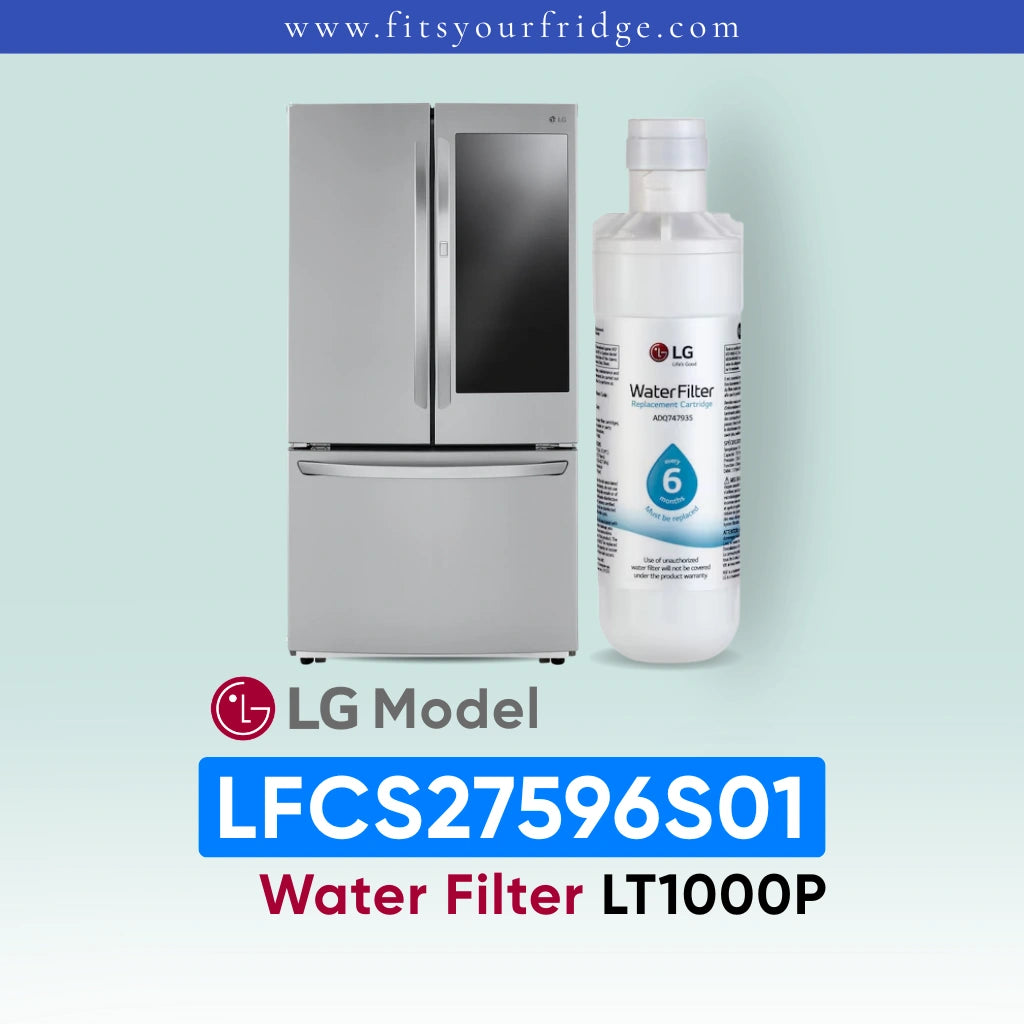 LG LFCS27596S01 refrigerator with water filter and bottle on a light blue background