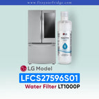 LG LFCS27596S01 refrigerator with water filter and bottle on a light blue background