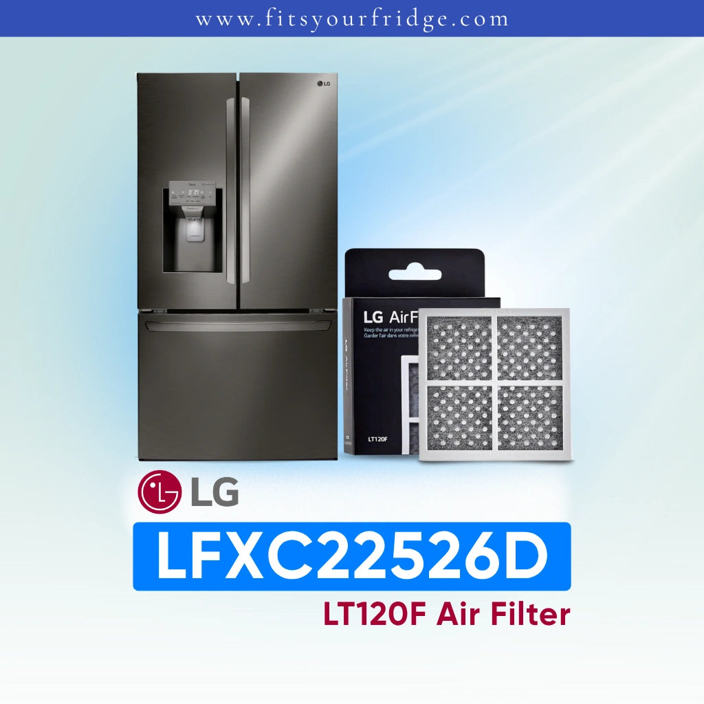 LG refrigerator LFXC22526D with air filter packaging on a light blue background