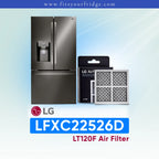 LG refrigerator LFXC22526D with air filter packaging on a light blue background