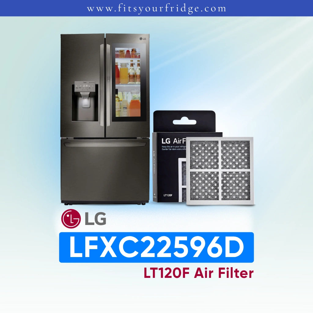 LG refrigerator LFXC22596D with air filter packaging on a light blue background