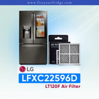 LG refrigerator LFXC22596D with air filter packaging on a light blue background