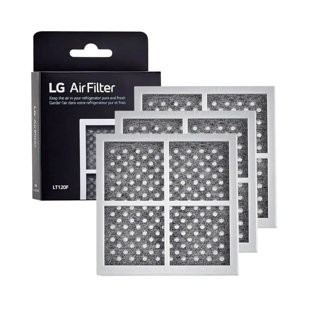 3 Pack LG Refrigerator Model LFXS26596D Air Filter Replacement packaging with three filters displayed in front