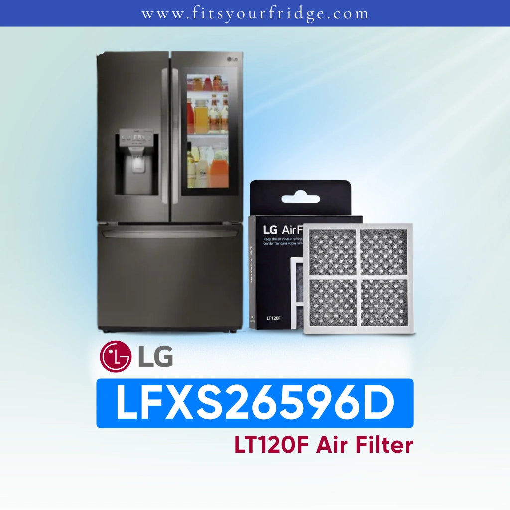 LG refrigerator LFXS26596D with air filter packaging on a light blue background