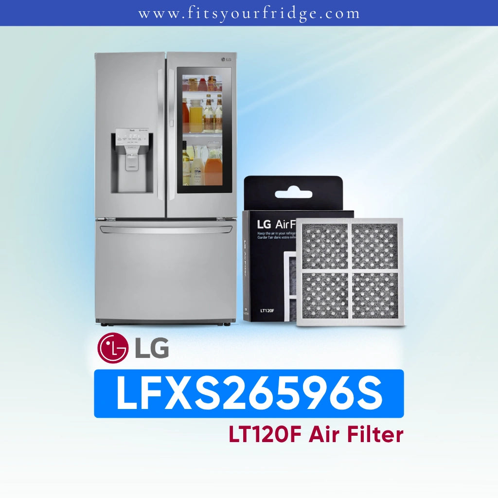 LG refrigerator LFXS26596S with air filter packaging on a light blue background