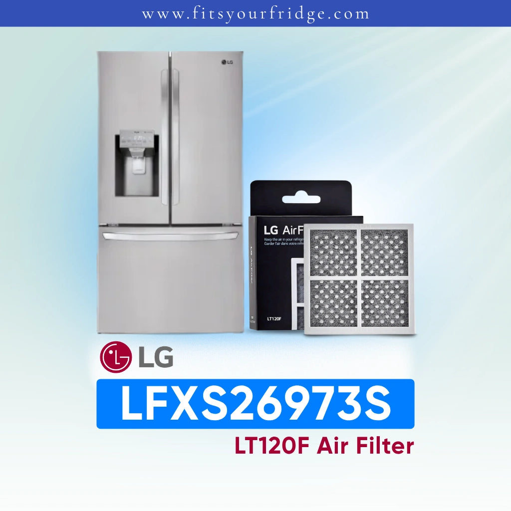 LG LFXS26973S refrigerator with compatible LT120F air filter replacement for fresher air and odor reduction inside your fridge.