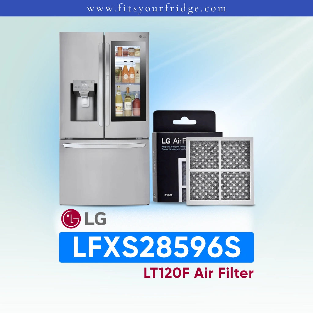 LG refrigerator LFXS28596S with air filter packaging on a light blue background