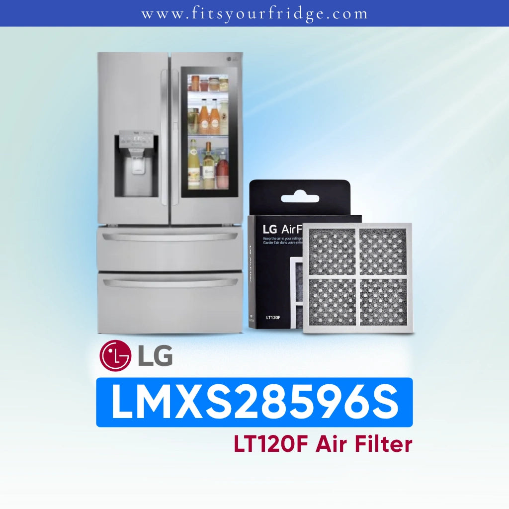 LG refrigerator LMXS28596S with air filter packaging and model number on a light blue background