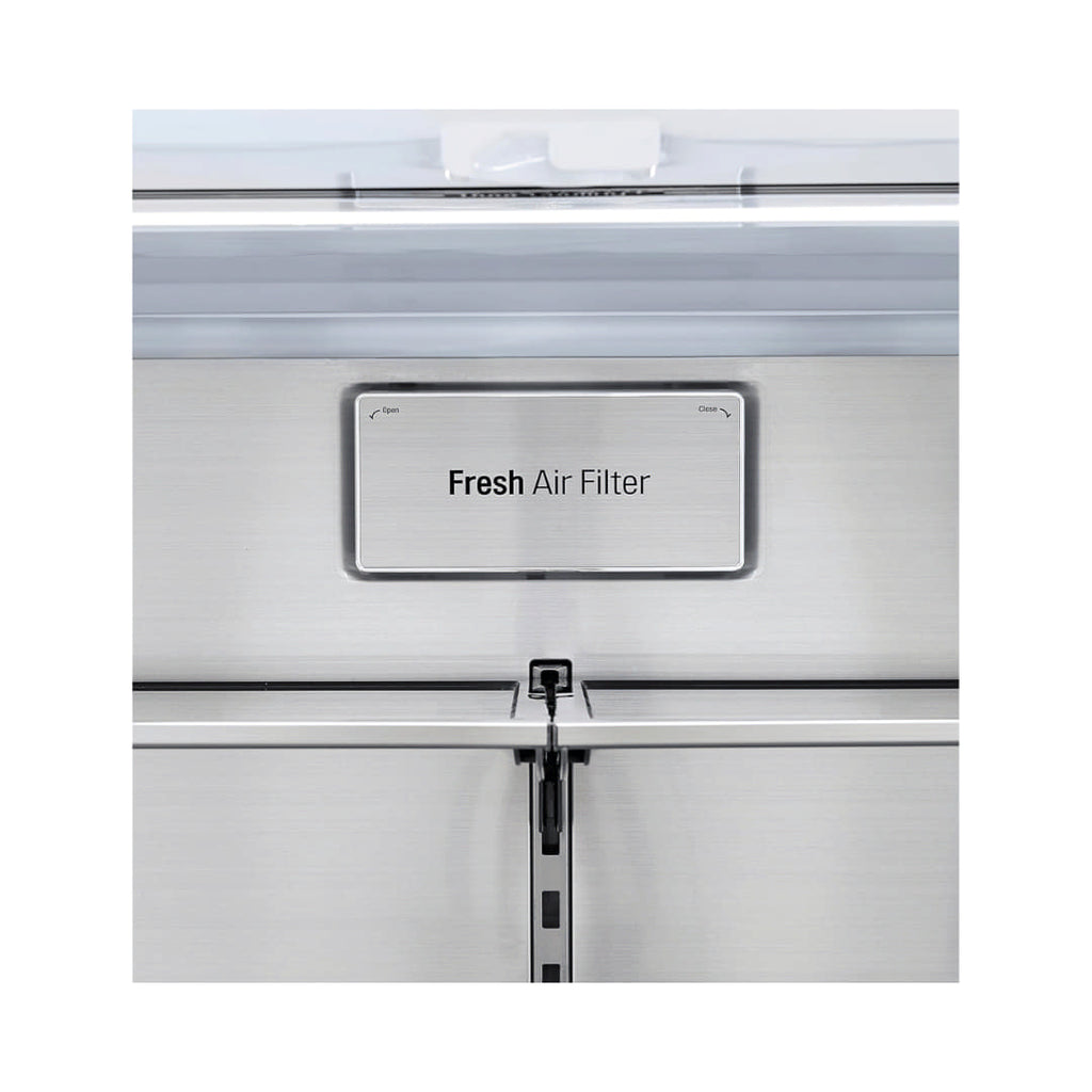 LG Refrigerator Model LMXS28596S Fresh Air Filter labeled on a refrigerator with a white background