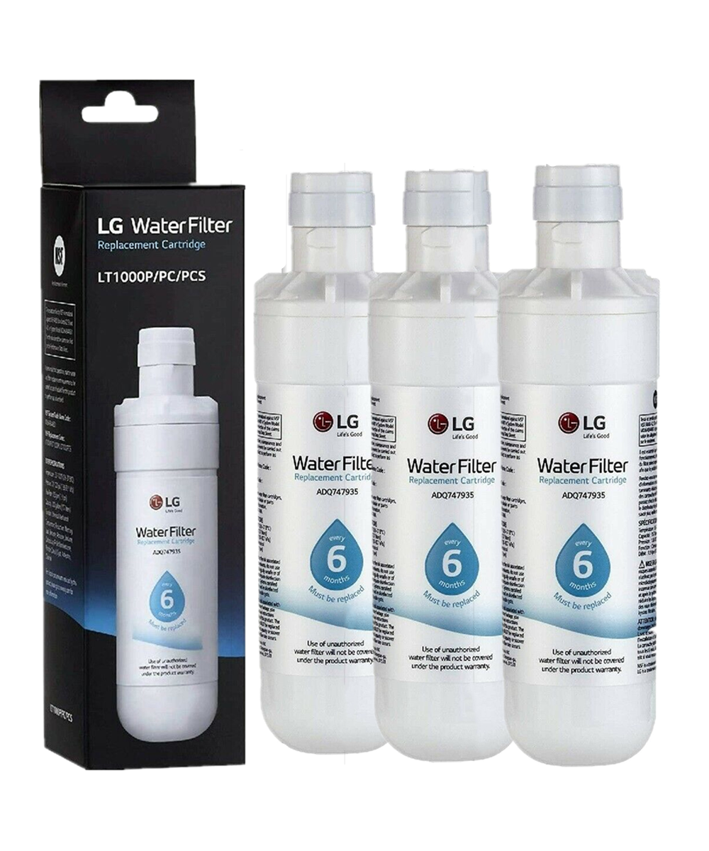 3 Pack LG Refrigerator Model LMXS28596S Water Filter bottles with packaging on a white background