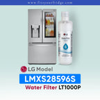 LG LMXS28596S water filter with refrigerator and bottle on a light blue background