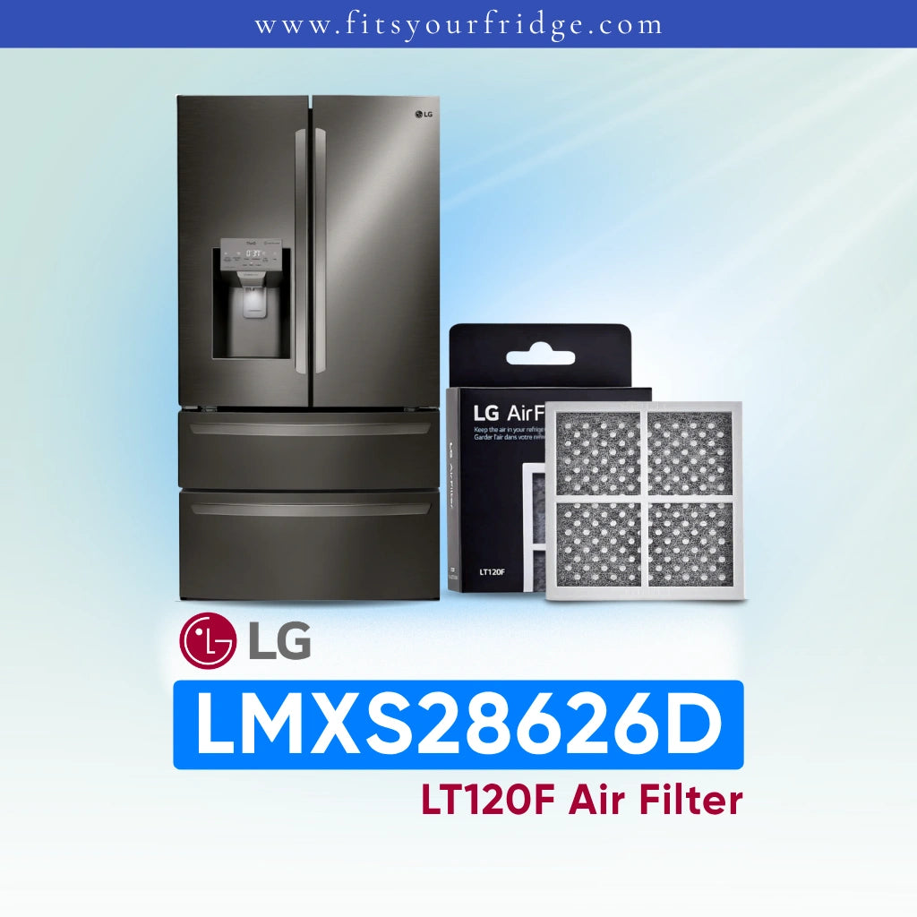 LG refrigerator LMXS28626D with air filter packaging on a light blue background
