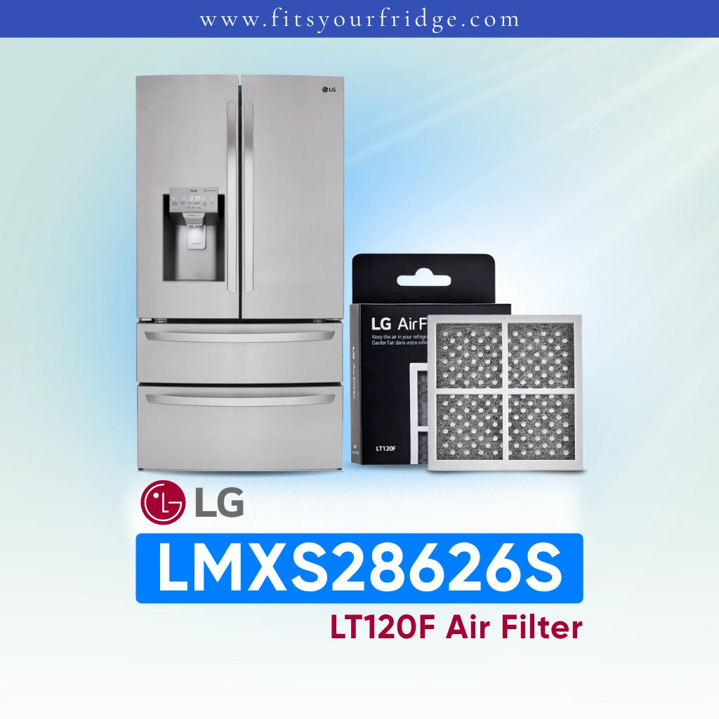 LG refrigerator LMXS28626S with air filter packaging and model number on a blue gradient background