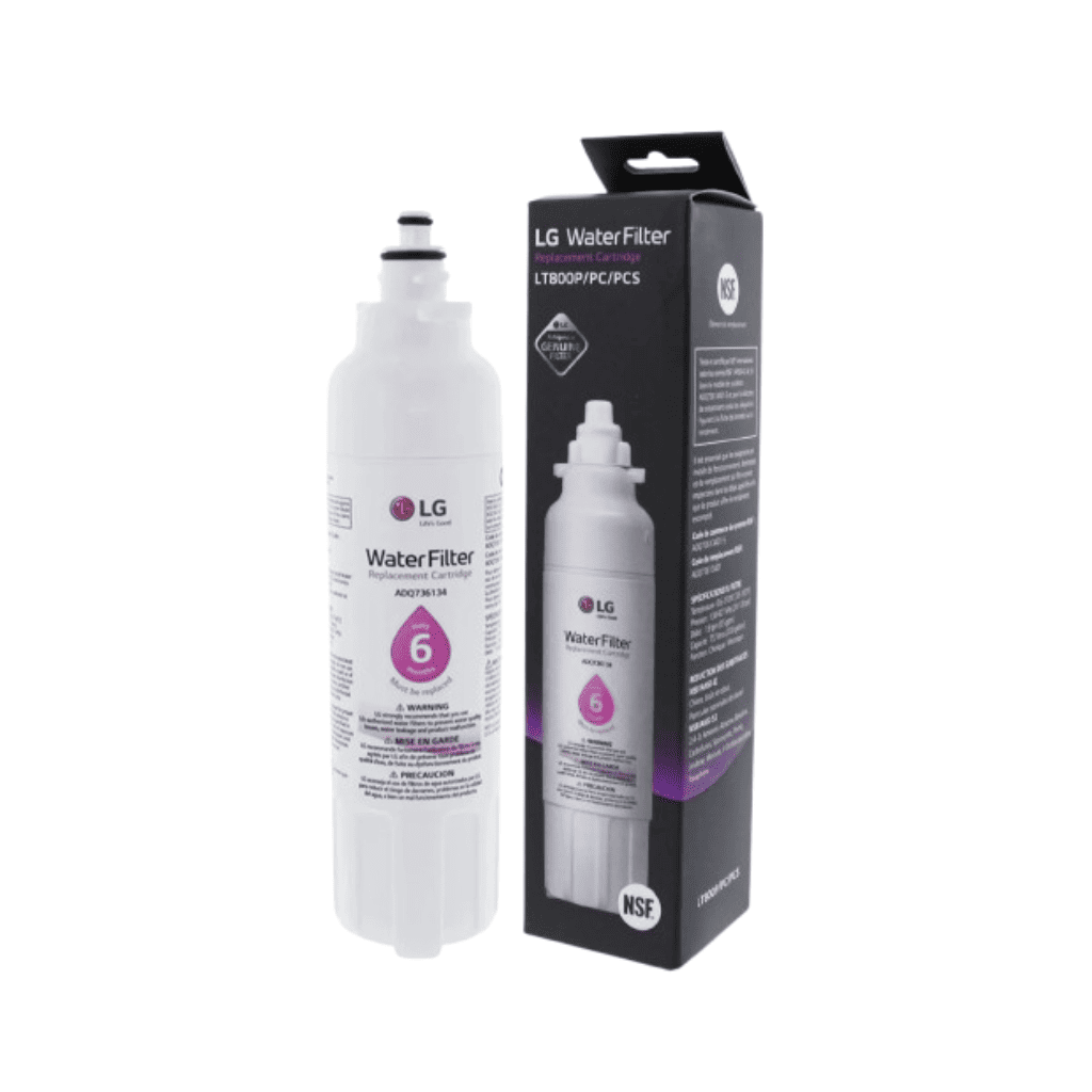LG water filter with packaging on a white background