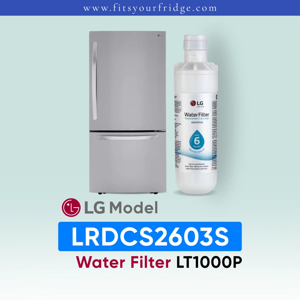 LG LRDCS2603S water filter with refrigerator on a light blue background