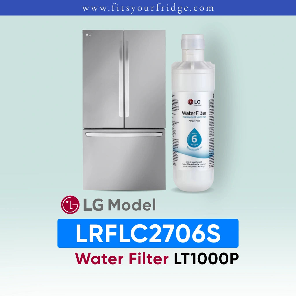 LG LRFLC2706S water filter with refrigerator on a light blue background