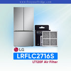LG LRFLC2716S refrigerator with air filter packaging on a light blue background