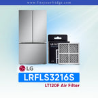 LG refrigerator with air filter packaging and model number LRFLS3216S on a light blue background.