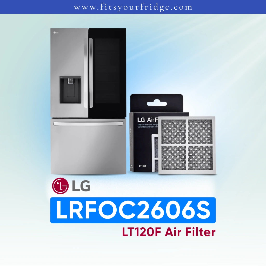 LG refrigerator LRFOC2606S with air filter packaging on a light blue background