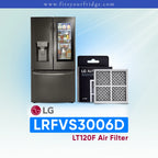 LG refrigerator LRFVS3006D with air filter packaging on a light blue background