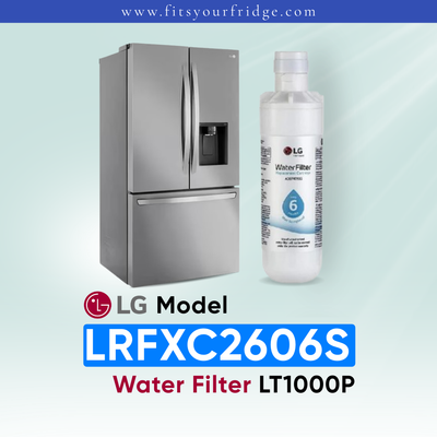 LG LRFXC2606S refrigerator with compatible LG LT1000P water filter shown beside a stainless steel French door fridge, FitsYourFridge.com compatibility image for replacement refrigerator water filter.
