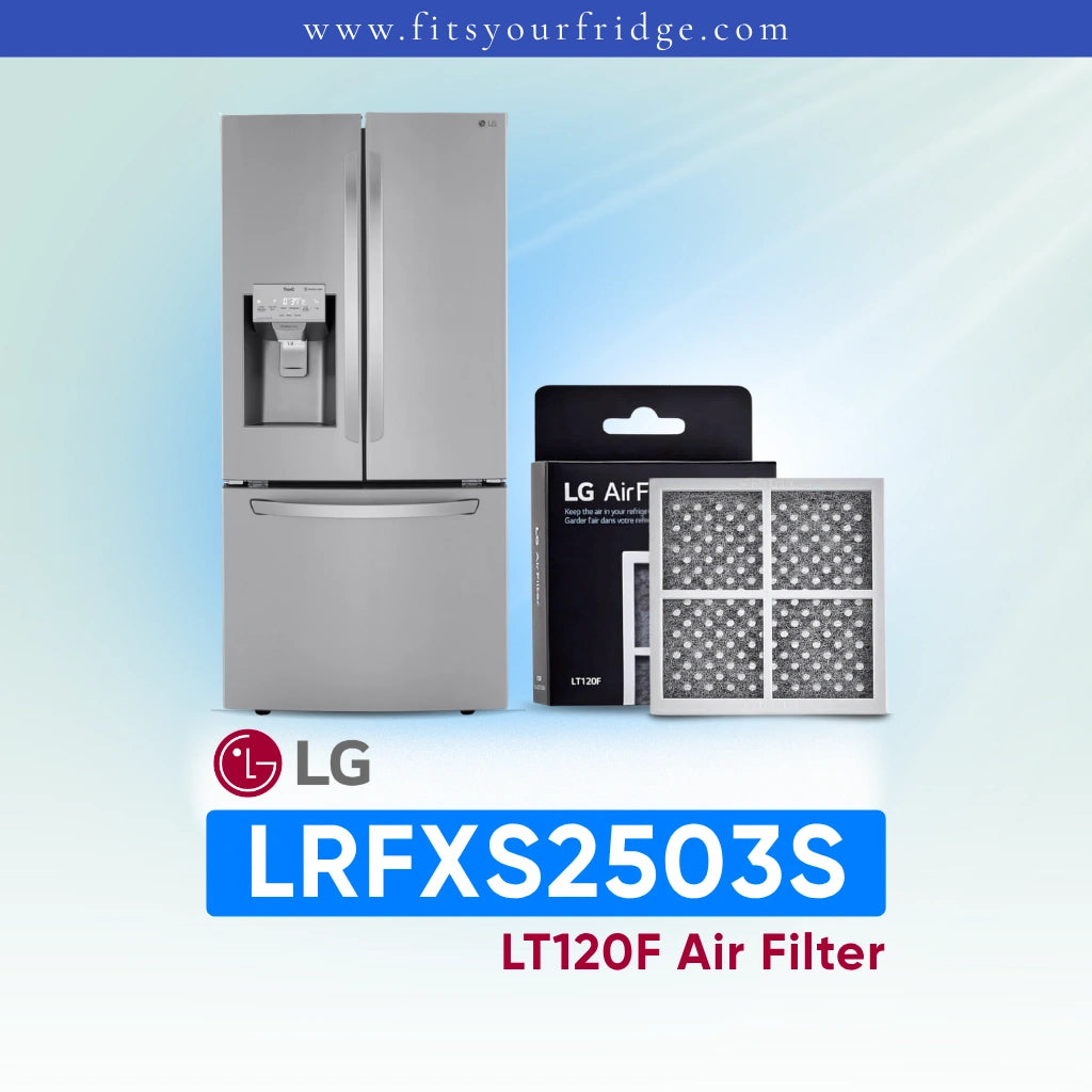 LGLRFXS2503S refrigerator with air filter packaging on a light blue background
