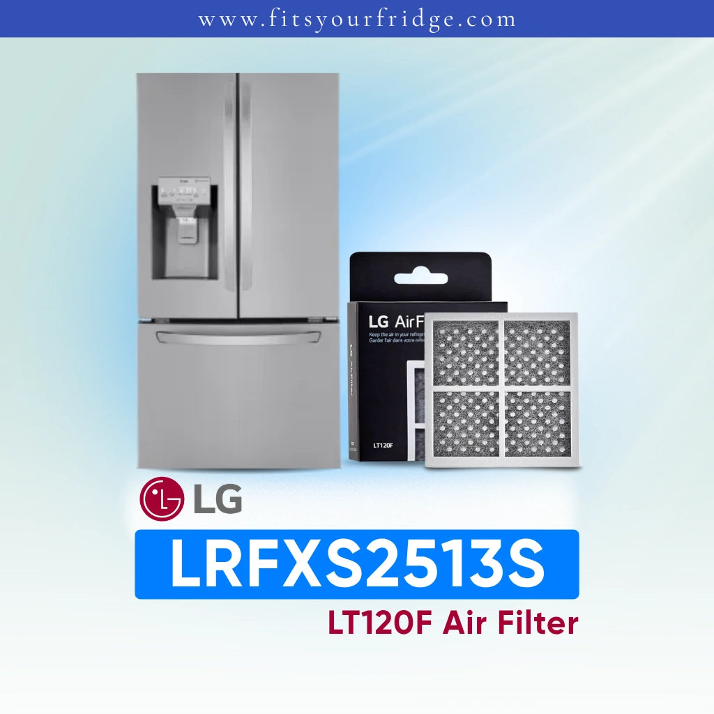 LG refrigerator LRFXS2513S with air filter packaging on a light blue background