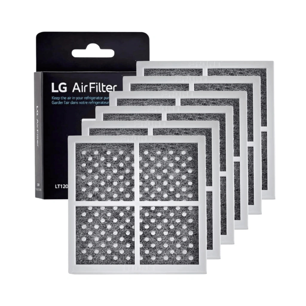 Packaging of LG LRFXS2513S air filters with visible filter patterns on a white background