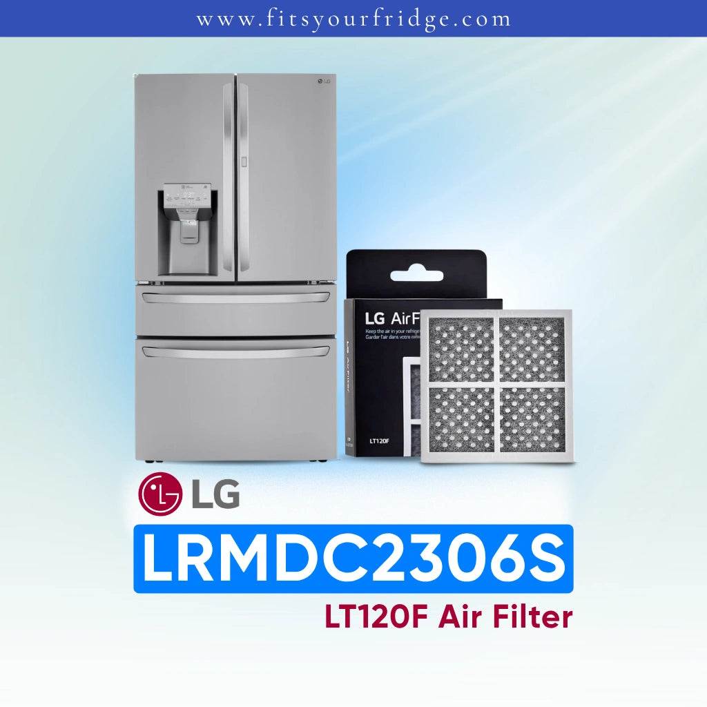 LG refrigerator LRMDC2306S with an air filter packaging and product code on a light blue background