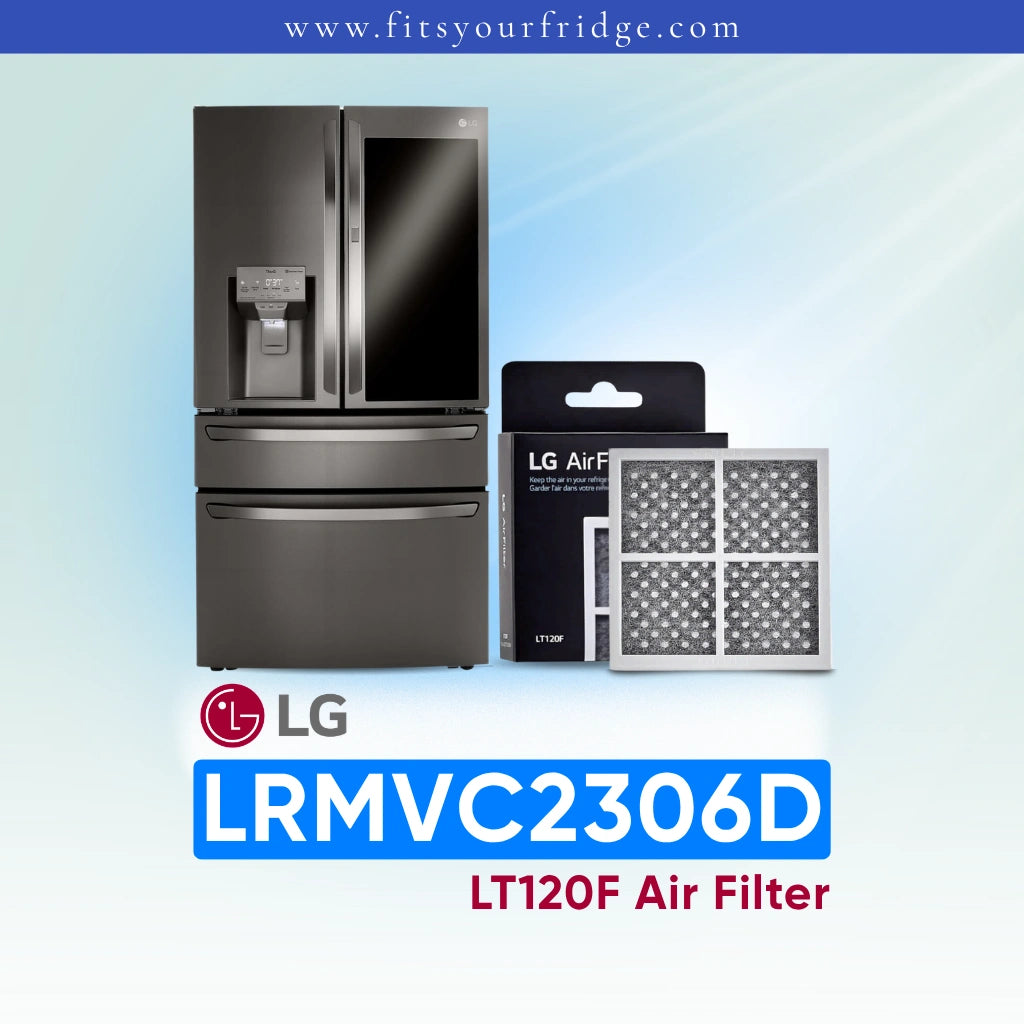 LG refrigerator LRMVC2306D with air filter packaging and model number on a light blue background.