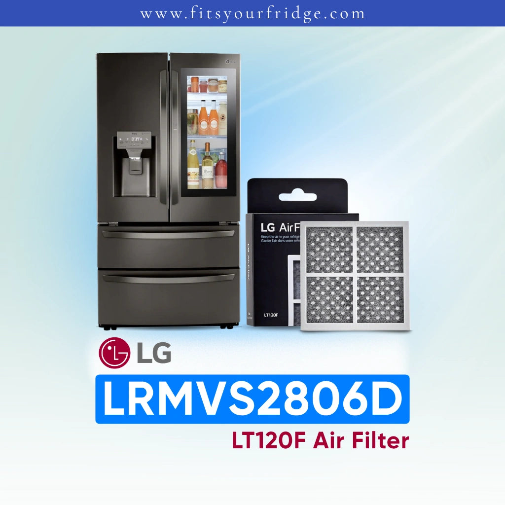 LG refrigerator LRMVS2806D with air filter packaging on a light blue background