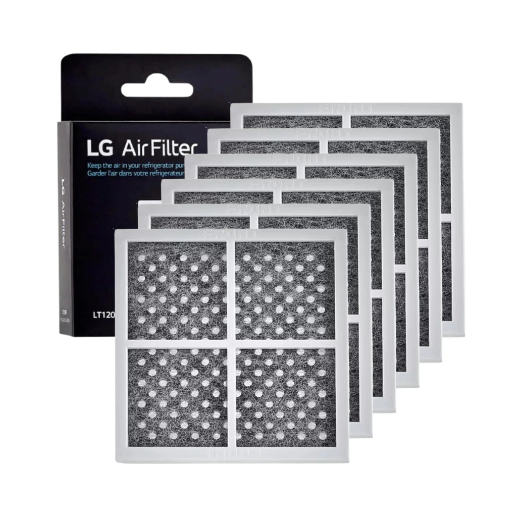 Packaging of LG LFXC22526S air filters with visible filter patterns on a white background