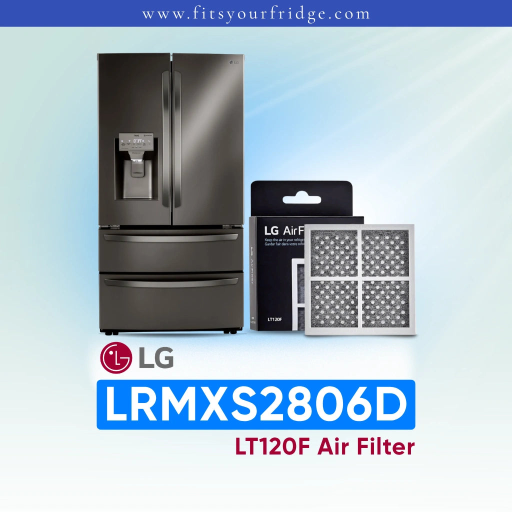 LG refrigerator LRMXS2806D with air filter packaging on a light blue background