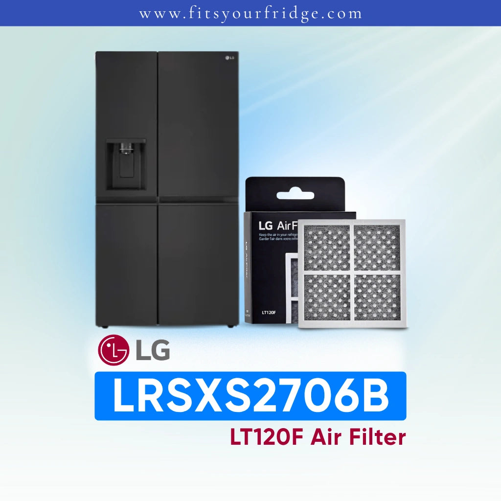 LG refrigerator LRSXS2706B 
with air filter packaging on a light blue background