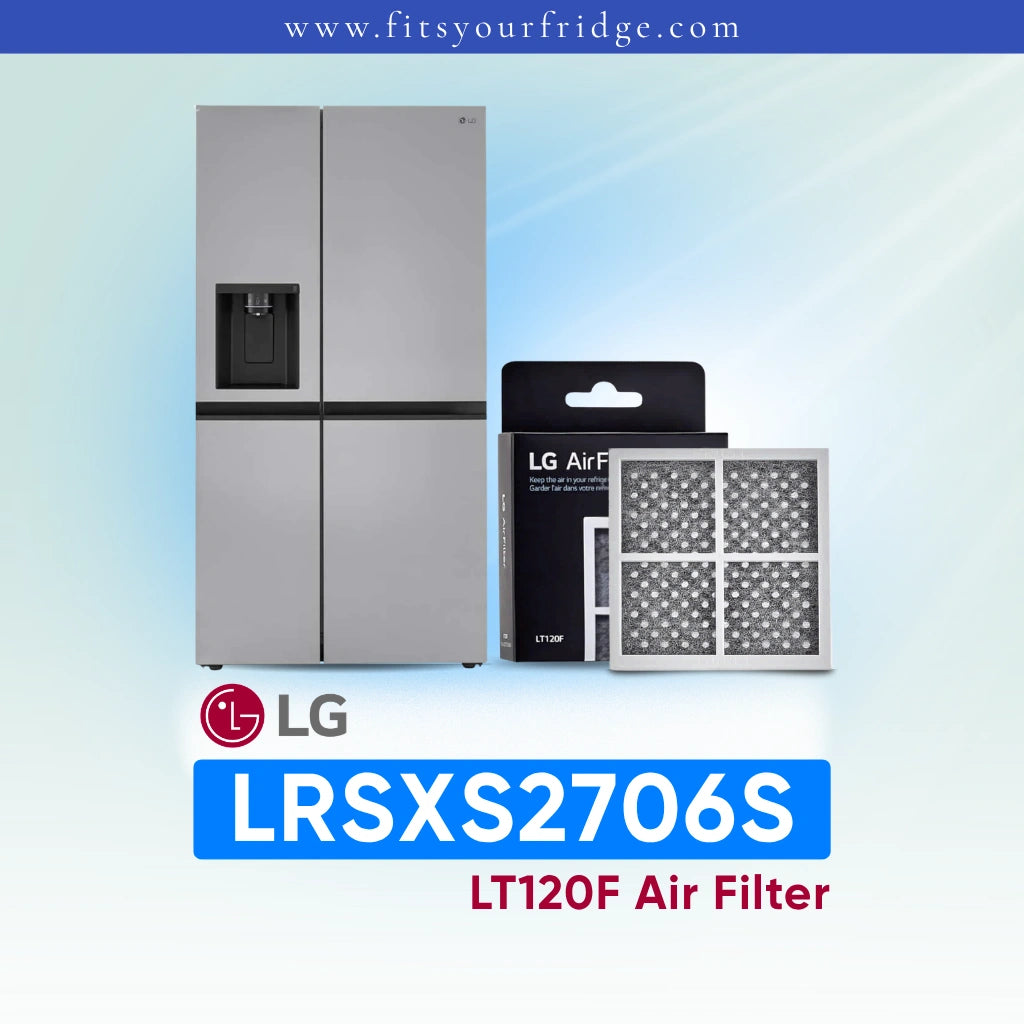 LG refrigerator LRSXS2706S with air filter packaging and product code on a light blue background
