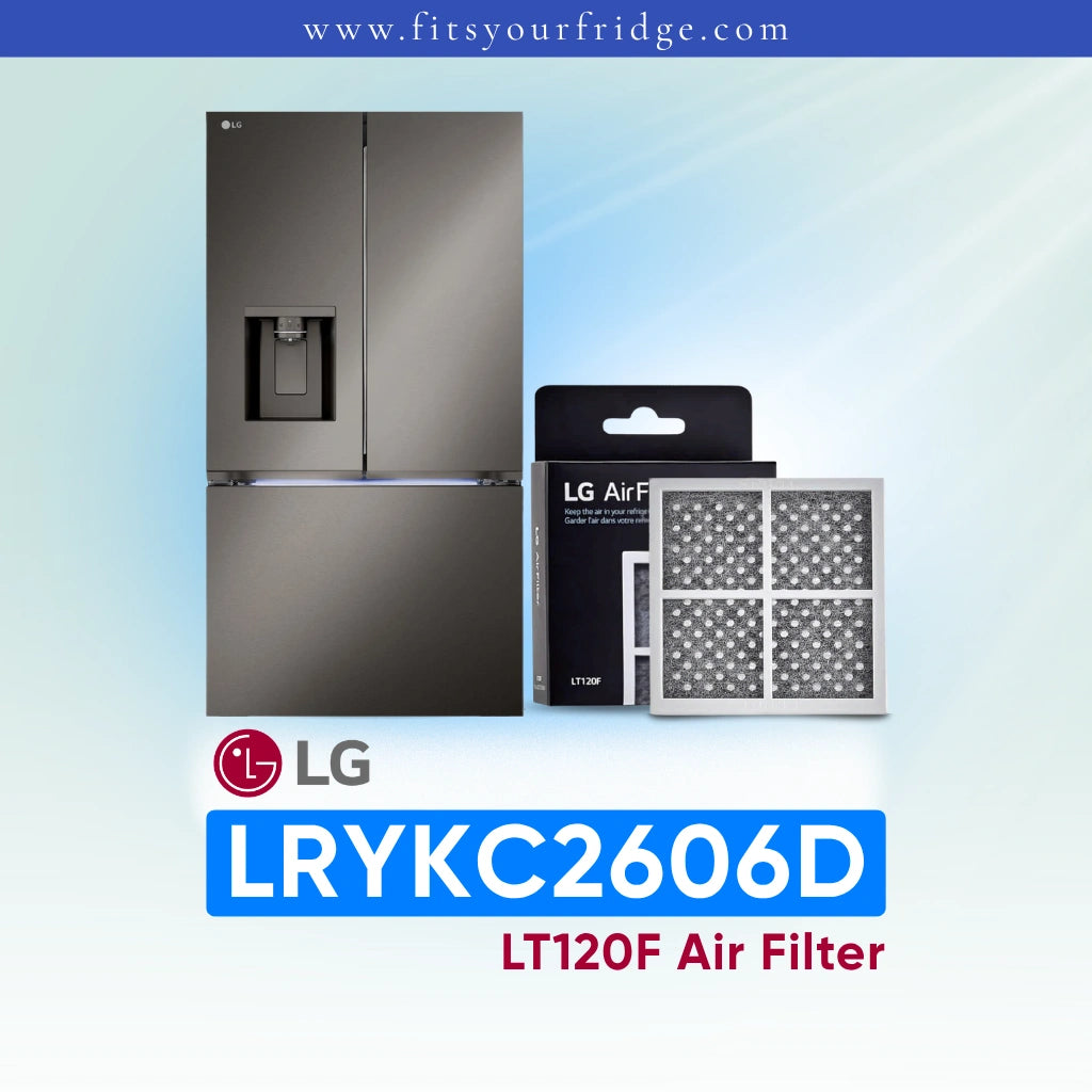 LG refrigerator with air filter packaging and model number LRYKC2606D displayed on a light blue background.