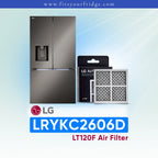 LG refrigerator with air filter packaging and model number LRYKC2606D displayed on a light blue background.