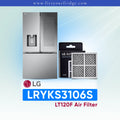LG refrigerator LRYKS3106S with air filter packaging and product details on a light blue background