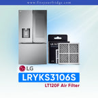 LG refrigerator LRYKS3106S with air filter packaging and product details on a light blue background