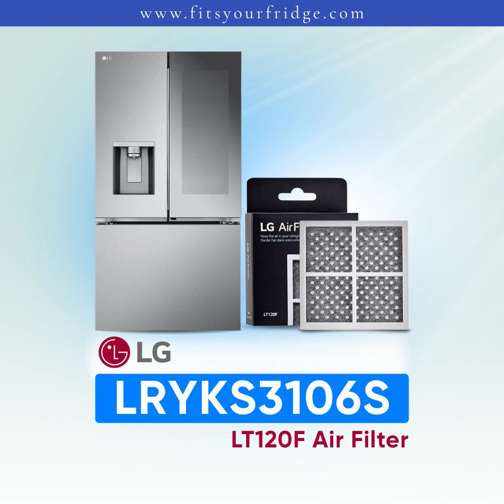 LG refrigerator LRYKS3106S with air filter packaging and product details on a light blue background