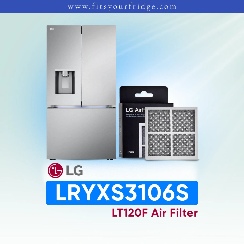 LG refrigerator LRYXS3106S with air filter packaging on a light blue background