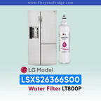 LG LSXS26366S00 refrigerator with water filter LT800P on a light blue background