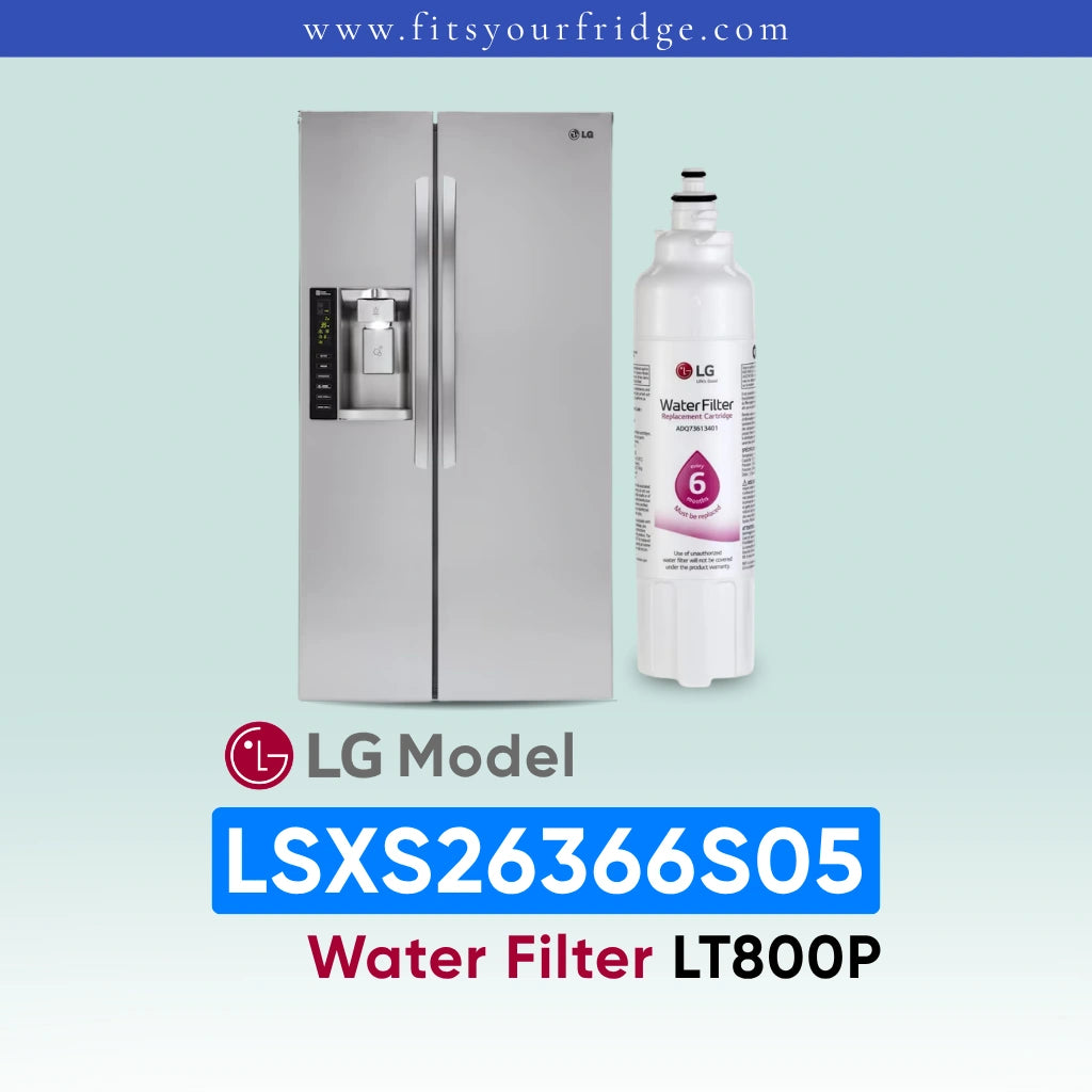 LG LSXS26366S05 refrigerator with water filter on a light blue background