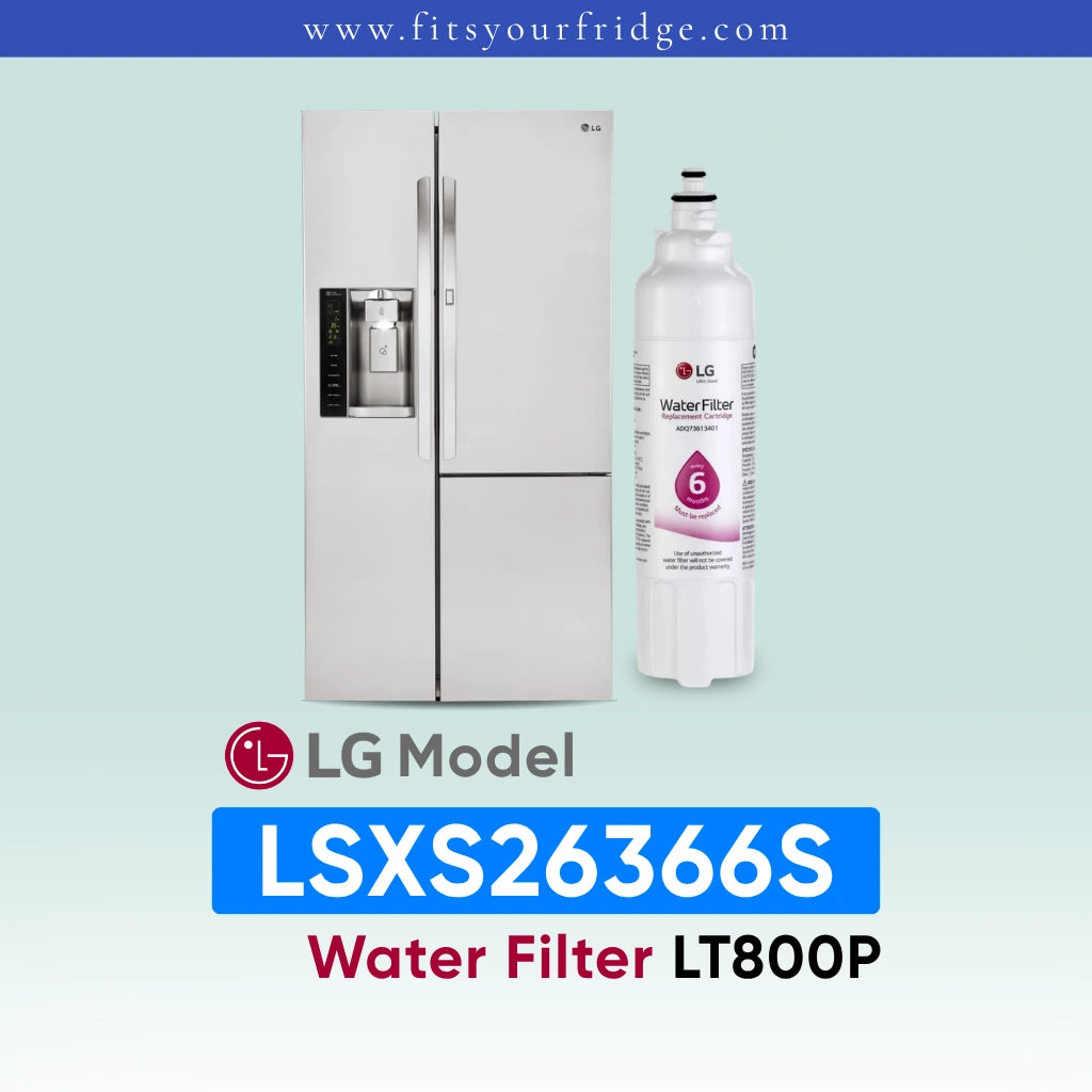 LG LSXS26366S refrigerator with water filter LT800P on a light blue background