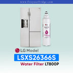 LG LSXS26366S refrigerator with water filter LT800P on a light blue background
