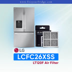 LG refrigerator LCFC26XSS with air filter packaging on a light blue background