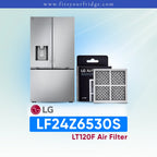 LG refrigerator LF24Z6530S with air filter packaging and model number on a light blue background
