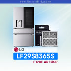 LG refrigerator LF29S8365S with air filter packaging on a light blue background